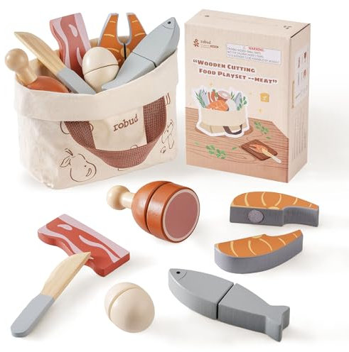 ROBUD Holz Lebensmittel Kinderküche Set, Spielküchen Zubehör Holz Schneiden Spielzeug-lebensmitteln für Kinder, Lebensmittel mit Aufbewahrungstasche, Geschenk für Kinder ab 3 Jahren, Fleischset
