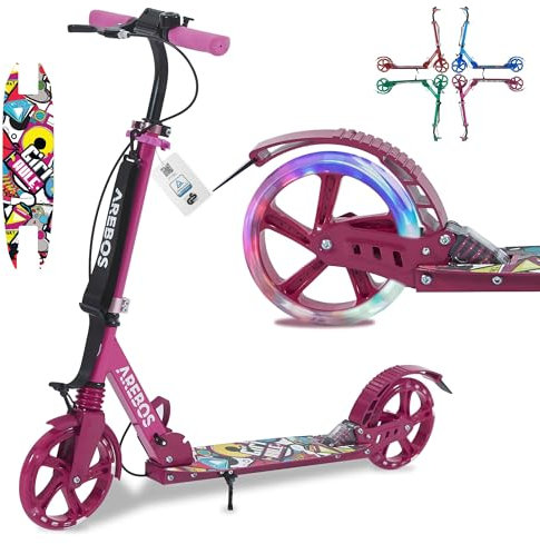 Arebos City Scooter Patinete a Pedales Rosa Regulable en Altura | Plegable | Incl. Correa de Transporte | Ruedas LED | Freno de Pedal Manual | suspensión Delantera-Trasera | niños y Adultos