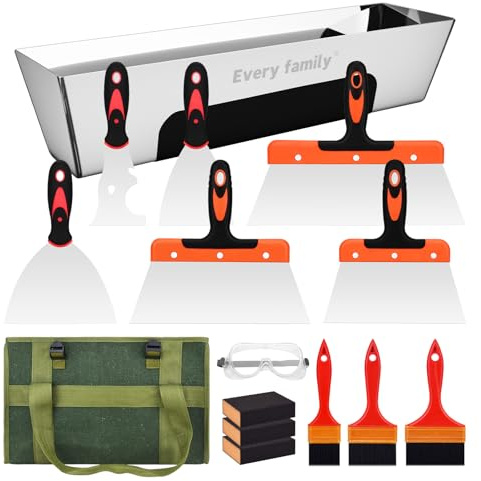 15-teiliges Spachtel Set, Trockenbaumesser-Set, bestehend aus mehreren Modellen von Schabern, Spachtelmessern, Farbschabern und mit Spachtelkasten aus rostfreiem Stahl (355mm Länge)