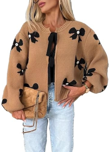 Barbotimer Cardigan pour femme - Pull avec nœud papillon sur le devant - Manches longues - Tricoté - Nœud papillon - Cadigan, kaki, XL