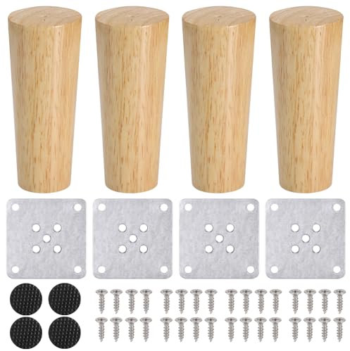 Zocipro 4Pcs Wooden Furniture Legs, 12cm Solid Wood Replacement Sofa Legs Straight Cone Furniture Feet, Chair Leg with Screws Mounting Plate and Anti-Slip Pads for Couch Table Dresser Bed
