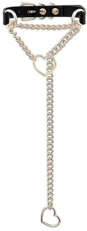 TAUOE Collier ras du cou en cuir noir fait main pour femme, style punk gothique, avec anneau en forme de cœur et fermoir réglable. (Longue chaîne en or, Noir)