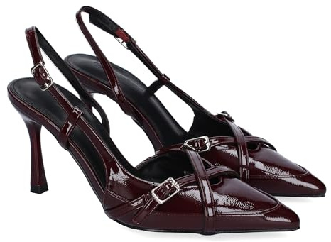 Scarpe da donna con tacco in stile salone, comode ed eleganti, punta sottile, dettagli a strisce incrociate con fibbia sulla pala e chiusura con fibbia regolabile., bordeaux, 39 EU