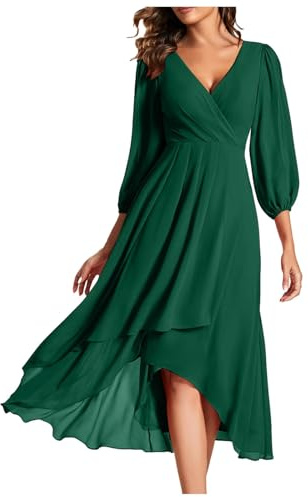 2025 Vestido de gasa para mujer, con cuello en V, manga larga, plisado, acampanado, largo midi para invitadas de boda, con capucha, vestido con capucha, verde, XL