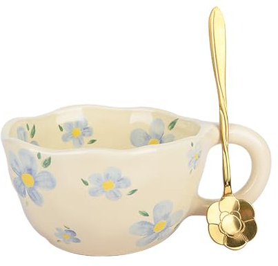 HOKMOKQOK Cute Coffee Mug, Kawaii Ceramic Tea Cup, Aesthetic Flower Cup 250 ml for Cappuccino Latte Tea Milk, Floral Mugs Cute Stuff Gift for Women Mom Birthday (Blue)