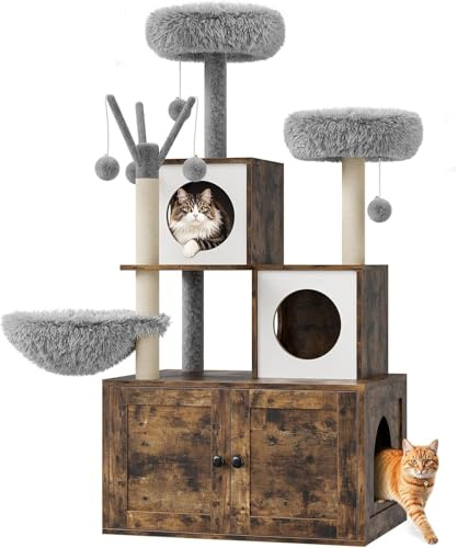 Árbol para gatos con armario para gatos, 146 cm de alto, casa para gatos de madera con rascador, bola para gatos, tronco para gatos y barra superior, todo en uno (marrón roble)
