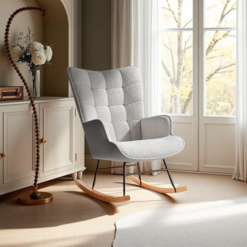 DAHUEN Schaukelstuhl, Stillstuhl, Sessel, Relaxsessel, Schaukelstuhl Wohnzimmer, Schaukelsessel mit Auflage und Kissen, Fernsehsessel bequem, Grau (Hellgrau (C))