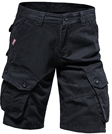 Short cargo en coton respirant et léger pour homme - Grande taille - Style décontracté - Pour le sport, la course à pied, le jogging, l'entraînement et le fitness, Noir , 46-48
