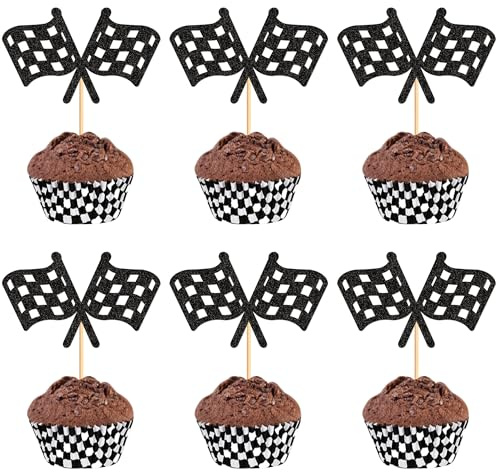 Blumomon 24Pcs Check Flag Cupcake Toppers Black Glitter Flag Racing Car Cupcake Picks for Racing Sports Theme Baby Shower Boys Birthday Party Cake Supplies