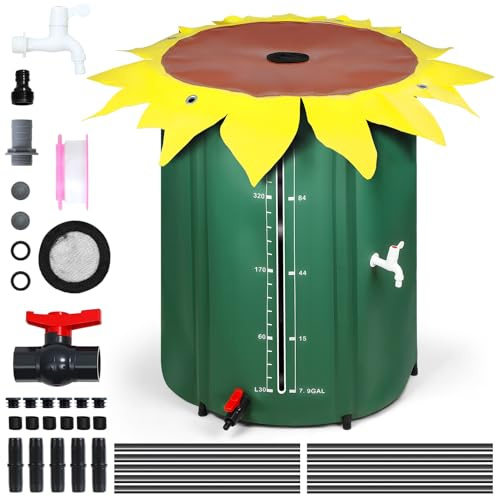 tinysiry Collapsible Rain Barrel, 100 Gallon Sunflower Style Rainwater Barrel with Mesh Filter Top, Collapsible PVC Water Storage Tank Portable Garden Rain Collector Waters Barrels Water Catcher Gre