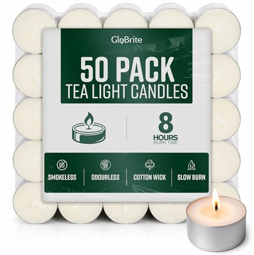 GloBrite Unscented Tea Lights – 8 Hour Burn Tealight Candles – Long Burning Tea Lights for Home, Events & Decorative Use (Pack of 50)