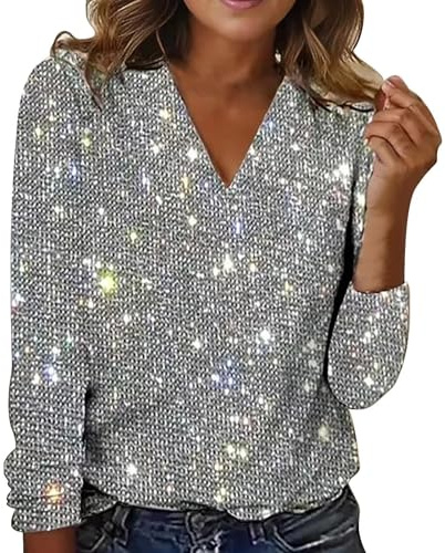 Glitzershirt Festival Elegant Glitzer Shirt Damen, Tops Pailletten Top | Oberteil Große Größen Blusen V-Ausschnitt Gedrucktes Shirt Langarmshirt Glitzer Hochzeit Festliche Blusen Tshirt Langarm
