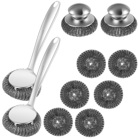 Stainless Steel Scourers with Handle, Replacement Pads and Steel Wool Scrubber with Long Handle, Heavy Duty Metal Wire Wool for Cleaning Kitchen Pots Pans Grills Sink(10pcs)