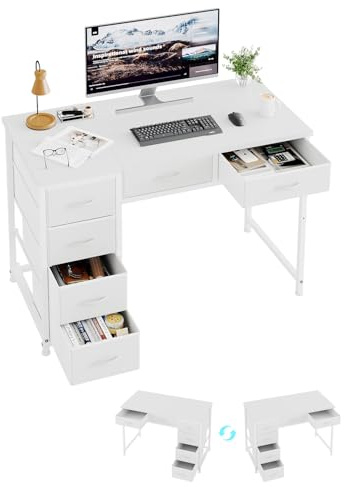MUTUN 100x48 cm Desk, Small Computer Desk with 6 Fabric Drawers, Reversible Home Office Desk with Adjustable Feet, Work Desks for Office, Study, Vanity Table for Bedroom, White