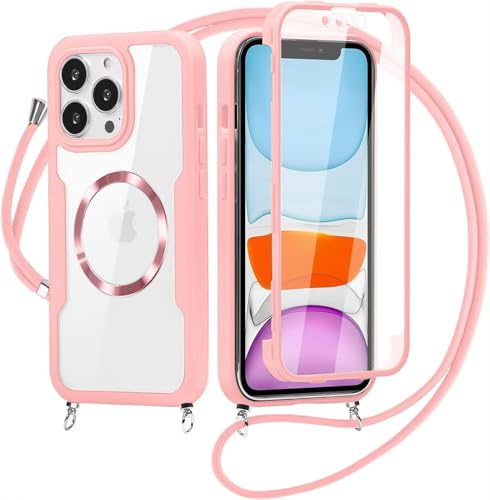 xinyunew Magnetica Cover per iPhone 13 con Cordino, Integrata 9H Vetro Temperato Schermo e Protezione Collana Fotocamera, Custodia Antiurto 360 Gradi Fronte Retro Doppia Faccia Case - Rosa