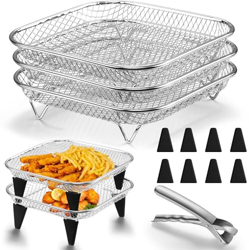 Onader Air Fryer Rack, Stainless Steel 3 Layers Air Fryer Accessories with 8 Pcs Silicone Feet & 1 Anti-Scald Holder Clip, Stackable Square Air Fryer Grilling Rack for Baking Roasting, Dishwasher Safe