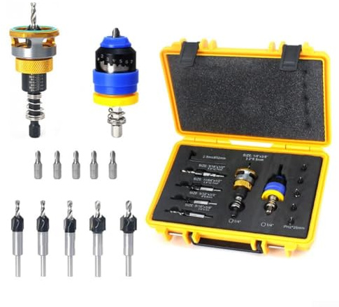 Juego de brocas avellanadas con tope de profundidad ajustable, brocas cónicas de 3,2 mm a 4,8 mm para carpintería con construcción de acero de carburo, para avellanado de precisión, incluye caja de