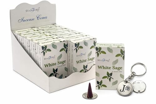 Stamford White Sage Incense Cones 12 Pack Set, 15 Cones Each, Herbal Fresh Aroma, Room Fragrance Cones with JRose Trolley Coin Keychain
