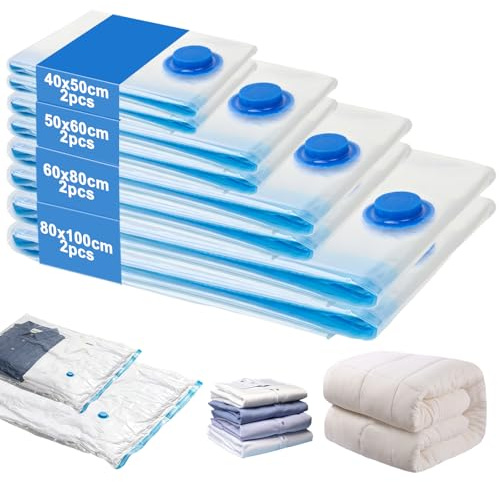XRXYMQ 8 Stück Vakuumbeutel für Bettdecken 4 Größen Wiederverwendbar | Vacuum Storage Bags 2 Jumbo 80x100 cm, 2 Groß 60x80 cm, 2 L 50x60 cm, 2 S 40x50 cm, für Kleidung und Bettwäsche, platzsparend