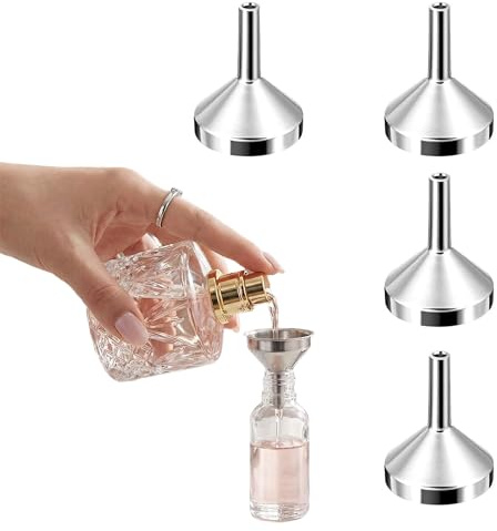 Ousuwo Set di 4 mini imbuti in alluminio, piccoli imbuti metallici per riempire flaconi di oli essenziali e liquidi cosmetici (argento)