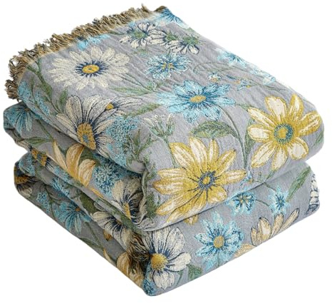 Bailix Premium Boho Tagesdecke 100% Baumwolle Kuscheldecke mit Fransen Doppelseitige Musselin Boho Decke 150x200cm, Kuschelige Sofadecke & Bettüberwurf, Sommedecke für Wohnzimmer Blau/Gelb