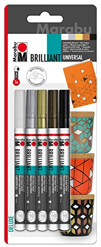 Marabu 0121000000081 - Brillant Painter, universeller Lackmalstift, glänzend, deckend, schnell trocknend, für Metall, Kunststoff und Glas, Strichstärke 1 - 2 mm, silber, gold, kupfer, weiß und schwarz