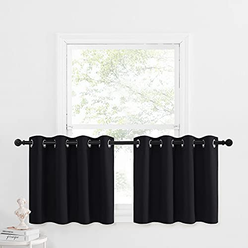 NICETOWN Small Tiers Kitchen Window Curtains 24 inches Length Sets - Blackout Home Decor Blackout Grommet Drape Basement Panels for Living Room/Bedroom (Black, 52W by 24L, 2 Pieces)