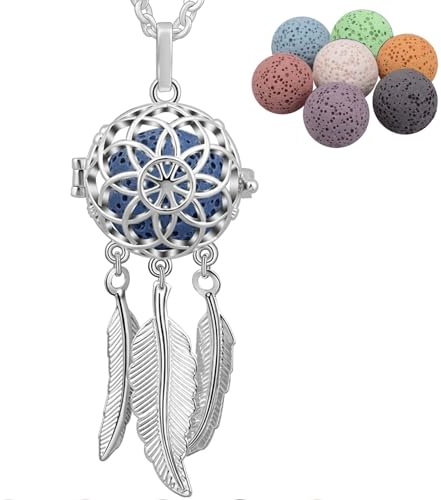 INFUSEU Lange Halsketten für Frauen, Aromatherapie Diffusor für Ätherische Öle Traumfänger Anhänger Versilbert Boho Diffusor Inspirierendes Freches Ängstliches Geburtstagsgeschenk für Ihre Frauen