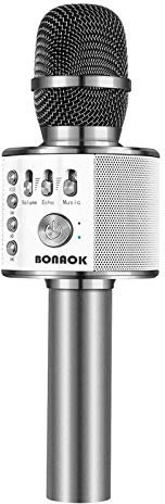 Microphone Sans Fil Karaoké, BONAOK Microphone Bluetooth Lecteur Enregistreur Mini Karaoké Enfant Fête Familial pour Appareil Intelligent Android/iOS-Gris Métal