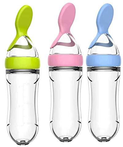 SUPVOX Baby Eating Supplies 3Pcs Silicone Squeeze Feeding Bottle with Dispensing Spoon Newborn Tableware Tools for Baby Infant Feeder (, Green, Blue) Babys Toys