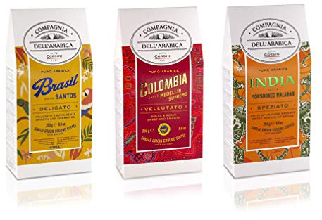 Caffè Corsini Compagnia Dell'Arabica, Tris di caffè macinato, Brasile Colombia India, Arabica, Monorigine Specialty Coffee, Confezione con 3 caffè, 3x250 g