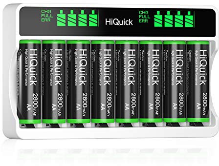 HiQuick 8-slot AA AAA LCD Battery Charger, 5V 2A Fast Charging Function, Type C and Micro USB Input, with 8 x 2800mAh AA NI-MH Rechargeable Batteries, Battery and Charger Set