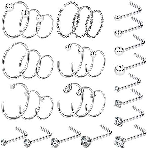 OUFER Body Piercing Set di 30 Piercing per Naso da 20 g, in Acciaio Inox 316L, a Forma di L, per Naso, a Forma di C, per Donne e Uomini, Acciaio Inossidabile