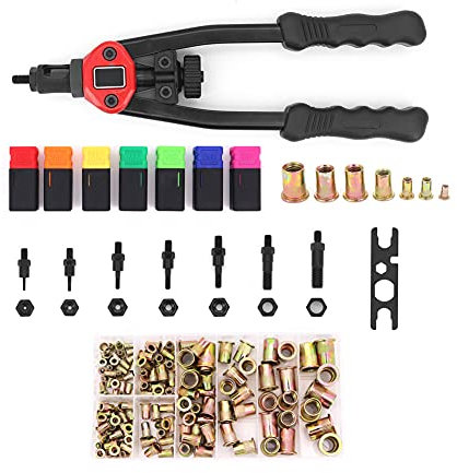 Yuhtech Rivettatrice, 13 Pollici 330mm Rivettatrice per Inserti Filettati Rivetto Cieco Dado Pistola Rivetto Dado Strumento Mano, con 140pcs Dado, con 7pcs Mandrini