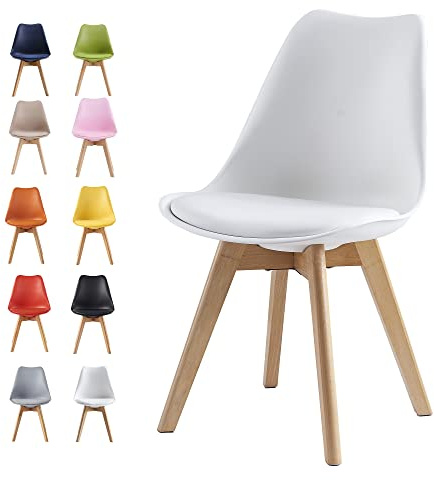 mcc direct Dining Chairs Wooden Legs Soft Cushion Pad Stylish DELUXE Retro Lounge Dining Office EVA (White)