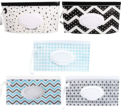 VEGCOO 5Pcs Baby Wet Wipe Pouch Dispenser, EVA Refillable Travel Wet Wipe Pouch Bags, Reusable Portable Wipe Holders for Babies
