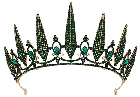 SWEETV Green Tiara Crown for Women, Gothic Wedding Tiara for Bride, Metal Queen Crown Diadem, Costume Hair Accessories for Birthday Prom Cosplay Party Halloween