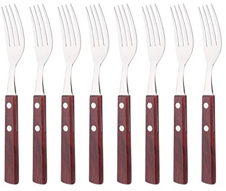 Uniturcky Set di 8 forchette da tavola in acciaio inox 304 con manico in legno naturale, posate con manico in legno marrone rossastro, forchette da insalata da 20 cm