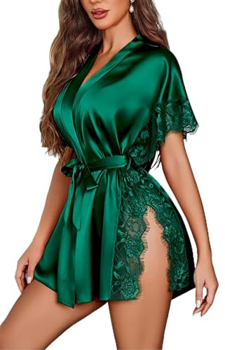 Avidlove Satin Robe Women's Kimono Silk Bathrobe Short Belted Robes Bridesmaids Sleepwear (Dark Green,L)