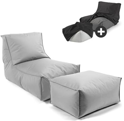 mokebo Sitzsack mit Hocker und Schutzhülle für Kinder & Erwachsene 'Der Sundowner', Bean Bag mit Füllung oder Bodenkissen für Indoor & Outdoor, auch als Liegekissen oder Liege in Grau