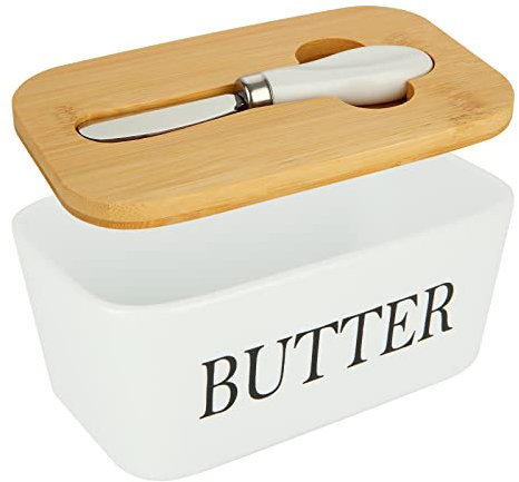 WOPPLXY Butter Dish with Lid and Knife - Ceramic White Butter Dish with Lid - Large Butter Container Porcelain in 650ml for Butter , Cheese , Storage
