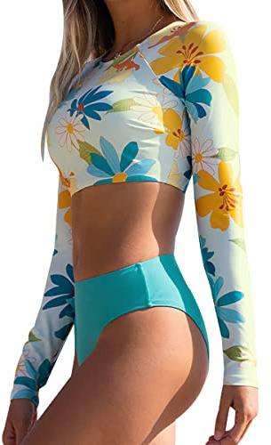 Maillot de Bain Natation Femme Manches Longues 2 Pieces Bikini Taille Haute Femme 2 PièCes Trikini Maillot de Bain Piscine Deux Pieces Sport Surf Plage Swimsuit Women Swimming Costume Femme Bleu S