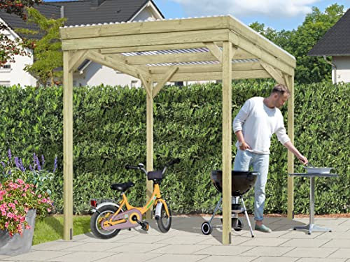 Belladoor Holzunterstand UNIPORT | Holz Gerätehaus | Kaminholzregal | Holzregal Außen | Terrassenüberdachung | BxTxH: 203 x 199 x 230 cm | Pfosten 7 x 7 cm | Inkl. Transparenten PVC-Dachplatten