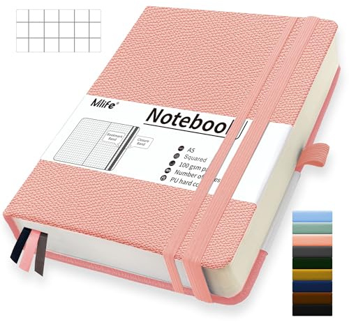 Mlife A5 anteckningsbok med rutig journal, 360 sidor och 100 g/m² bläcksäkert papper, anteckningsblock med inbunden anteckningsbok, anteckningsböcker med vikficka för kontorsskolans (rosa)