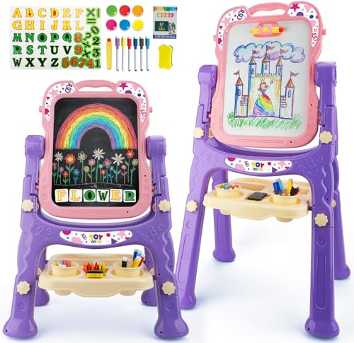 TOY Life Toddler Easel for Girls, Double Sided Adjustable Art Easel with Painting Accessories for Toddler Girl 2-4 Years, Magnetic Rotatable Drawing Chalkboard for Kids Ages 4-8 -Pink