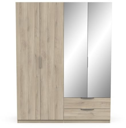 Grande Armoire Chambre Adulte 4 Portes Avec 2 Miroirs 2 Tiroirs & 6 Niches – Coloris Chêne Kronberg & Finitions Argent - 157 x 203 x 51 cm