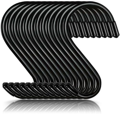 DINGEE 4 Inch Plants Hooks for Hanging,12 Pack Large S Hooks, Heavy Duty Closet S Hooks,Black Vinyl Coated Jeans Hooks for Closet,Jewelry Pot Pan Cups Towels