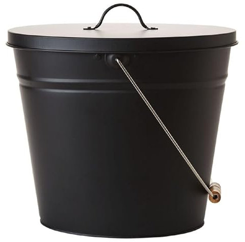 Easy Shopping® Black Oval Ash Can Coal Bucket with Lid - Utility Steel Bucket for Fire and Ashes, Matte Black
