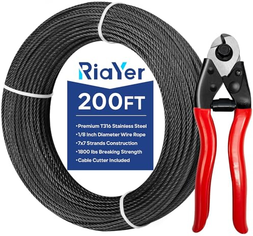 Riayer Fune metallica nera con taglierina, 60,3 m, in acciaio inox T316, kit per ringhiere per cavi, costruzione 7 x 7 per scale e esterni, recinzione da giardino, sistema completo di hardware per