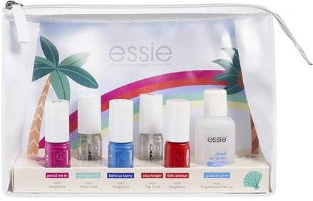 Essie Summer Set 2024: fifth avenue, bikini so teeny, pencil me in, base coat strong start, stay longer top coat, je 5 ml, Nagellackentferner, 25 ml